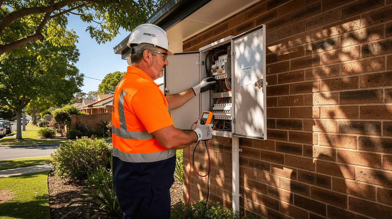 A licensed electrician in high-visibility vest working on a residential switchboard outside a brick home in Highett, providing reliable electrical safety and maintenance services.